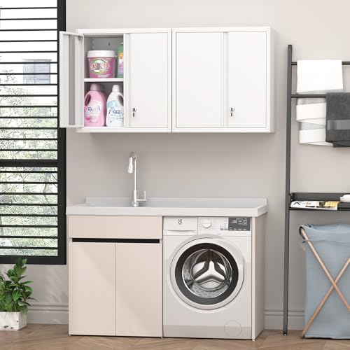 Image of Office Wall Cabinet, Morden 2 Doors Hanging Storage with Adjustable Shelves, Locking Cabinet with Keys, Small Ofiice Storage for School, Home, White