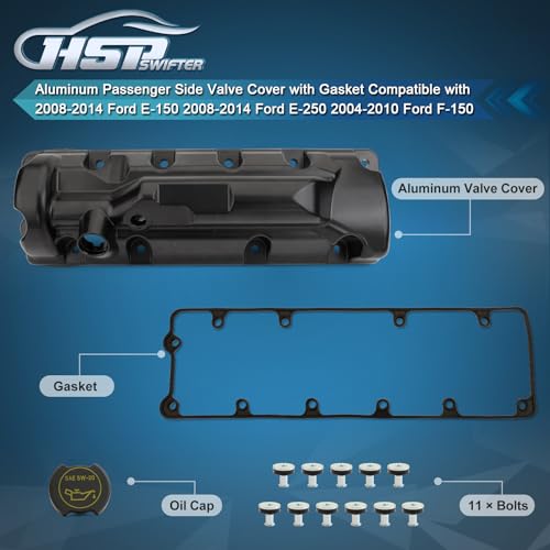 Image of Aluminum Passenger Side Valve Cover with Gasket Compatible with 2008-2014 Ford E-150 2008-2014 Ford E-250 2004-2010 Ford F-150 OE 7W7Z-6582-B 7W7E-6582-BE