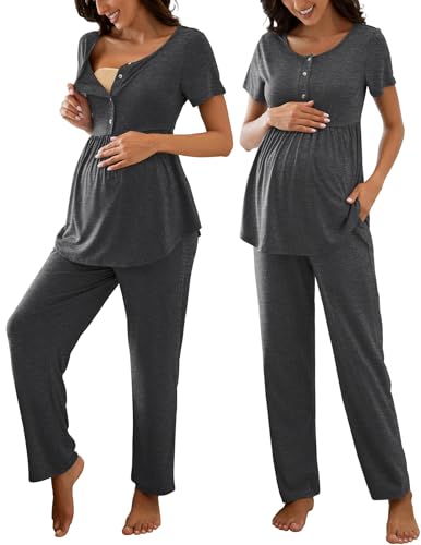 Image of JiniGolla Women's Maternity Nursing Pajama Set Breastfeeding Loungewear Mama Clothes Short Sleeve Top & Pants Pregnancy PJS