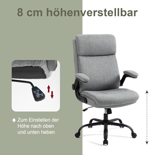 CASTLOVE Ergonomischer Bürostuhl - Schreibtischstuhl mit Rückenlehne - Hochklappbare Armlehne - Hohe Rückenlehne - Höhenverstellbar - Wippfunktion (Bürostuhl Stoff Grau Max. 150 kg)