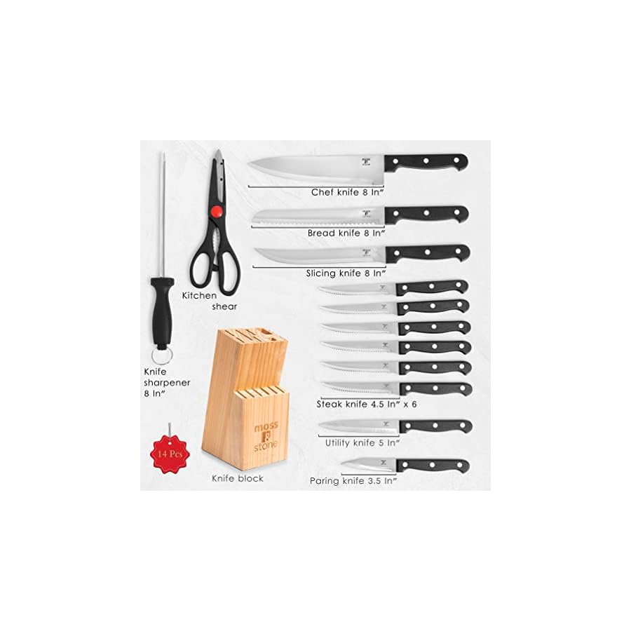 Moss & Stone 14-piece Knife Block Set, Stainless Steel Knife Set, Premium Kitchen knives Set With High-Carbon Stainless Steel Blades And Wooden Block Set, Cutlery Knife Set, 14 Pcs Kitchen Knife Set
