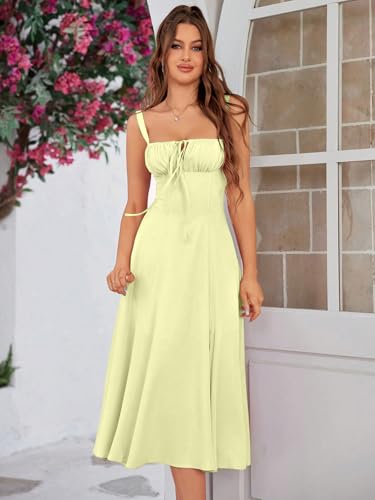 Image of Solid Lace Up Backless Ruched Boning Spaghetti Strap Slim Fit Long Cami Dress for Women's & Girl's