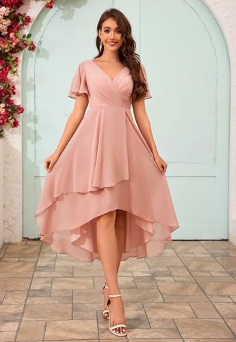 Short Bridesmaid Dresses Chiffon A Line Flutter Sleeve High Low Ruched Bust Wedding Guests Formal Evening Party Gown4