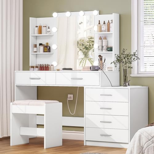 FIONESO Vanity Desk with Mirror & Lights, Makeup Vanity with 6 Drawers, 6 Open Shelves and Power Outlet, 48” Storage Makeup Vanity Desk with Stool Bench for Women, Girls, Bedroom, White - Thumbnail 2