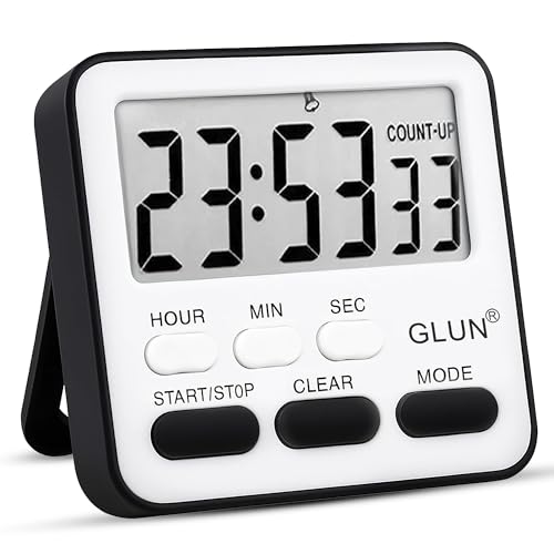 Image of GLUN Digital Stopwatch & Countdown Timer | Large LCD Display, 24Hr Clock, Loud Alarm | Magnetic Back, Retractable Stand & Hanging Hole | Study, Kitchen & Cooking Timer (Black)