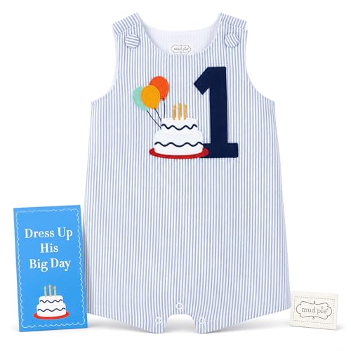 Mud Pie baby boys BIRTHDAY BOY SEERSUCKER SHORTALL 1 12-18 Months US