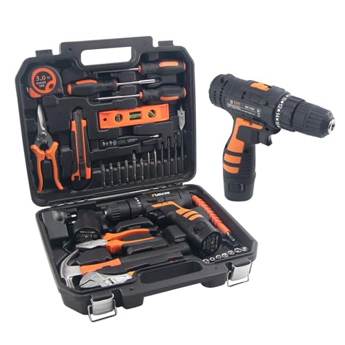 Cordless Drill Tool Box 34 Piece Tool Set with 12V Electric Hand Drill Vecolla Professional Power Tool Kit For Home Electric Screwdriver Tool Box Set for Garden Office House Furniture Repair