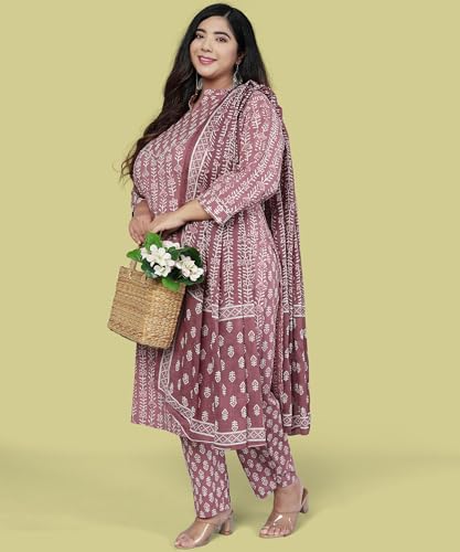 Image of MIRCHI FASHION Plus Size Pure Cotton Kurta Set for Women | 3 Piece Printed Straight Fit 4XL 5XL Kurta Pant Set with Dupatta | Ethnic Work Wear Set | 3XL 4XL 5XL Salwar Suit