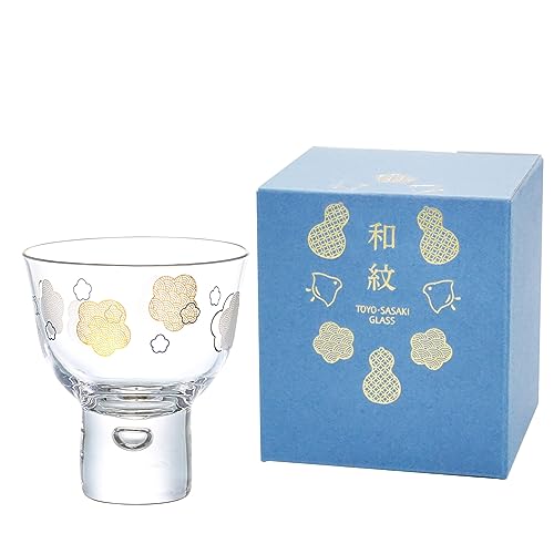 Toyo Sasaki Glass Sake Cup, Japanese Crest, Plum and Sea Wave Pattern (Sold by Case), Made in Japan, Clear 4.1 fl oz (130 ml), Set of 48 07600-J430