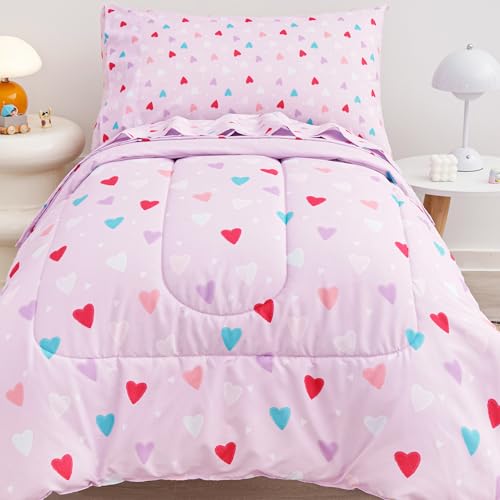 Image of Viviland Toddler Comforter Sets, 4 Pieces Bedding Sets, Heart Love | Microfiber Purple Bed Set, Girls, Breathable & Soft, Comforter, Bed Sheet, Fitted Sheet and Pillowcase, Machine Washable