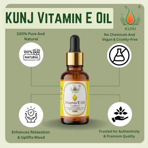Image of KUNJ Vitamin E Oil 10ml - 100% Pure & Natural | Vitamin E Oil for Face, Skin Glow, Hair & Nail Care | Lightweight Non-Sticky Oil for Moisturizing & DIY Beauty Blends