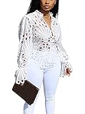 bluewolfsea Women Sexy V Neck Hollow Out Mesh Crochet Lace Tops Elegant Blouses Long Sleeve Button Up Shirts Medium White
