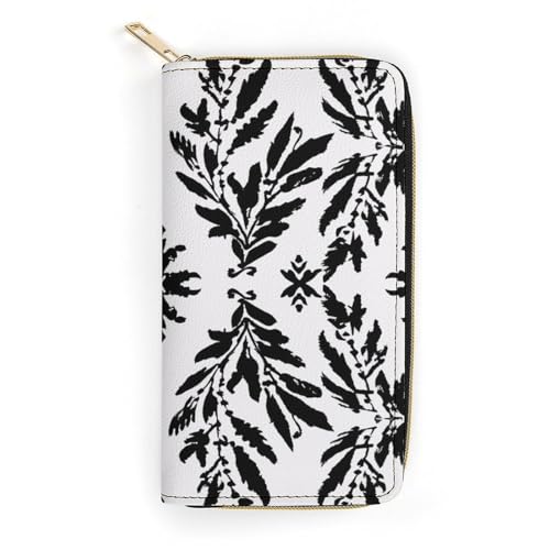 Black And White Leaves Print Long Wallet for Women Men PU Leather Card Holder Organizer with Zipper Coin Pocket & Cash Slots