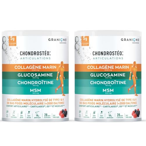 GRANIONS - CHONDROSTEO - Collagene Marin + Magnesium + Vitamine D + Calcium - Articulations Douloureuses - Collagen Hydrolysé + MSM + Glucosamine Chondroïtine - Vitamine D3- Lot de 2 - Pot 280g x2