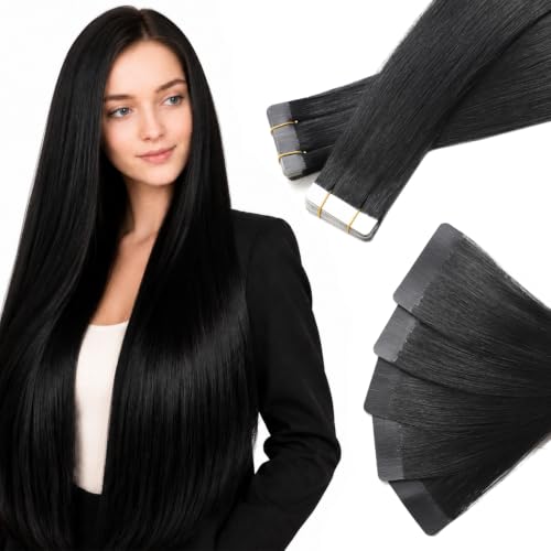 Image of Tape In Hair Extensions Human Hair 24 Inch #1 Jet Black