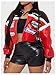 GORGLITTER Women's Leather F1 Racer Jacket Cropped Varsity Jacket Zip Up Letter Graphic Color Block Motorcycle Biker Coats Red and Black Small