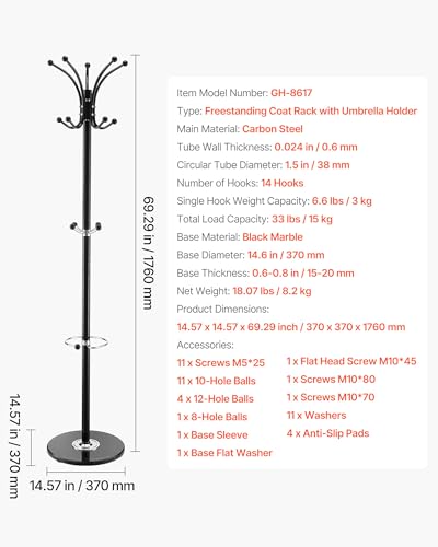 VEVOR Freestanding Coat Rack, Metal Coats Rack Stand with Umbrella Holder, Stable Marble Base & 14 Hooks, Hall Coat Tree for Entryway, Bedroom, Living Room, Stylish Coats Hanger for Hats, Scarves, Bag - Cosy Home Interiors VEVOR Freestanding Coat Rack, Metal Coats Rack Stand with Umbrella Holder, Stable Marble Base & 14 Hooks, Hall Coat Tree for Entryway, Bedroom, Living Room, Stylish Coats Hanger for Hats, Scarves, Bag - Image 7