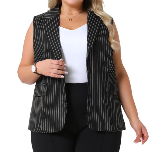 Agnes Orinda Plus Size Sleeveless Blazer Vest for Women Lapel V Neck Stripes Button Up Work Office Suit Vests