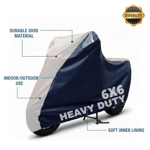 Image of 6X6 Heavy Duty Bike Cover for Pulsar 220F, Dual Tone White & Blue, All-Weather Protection, Waterproof, UV Resistant, Dustproof, Windproof, Durable Outdoor Motorcycle Body Covers for Daily Use