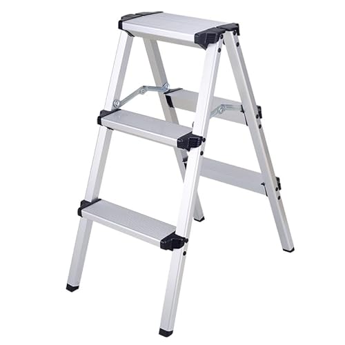Aluminium Step Ladder, Folding 150 kg weight capacity, with Non-Slip Steps, Double-Sided Aluminium Folding Household Ladder 3 Steps, Top Step Height 79cm