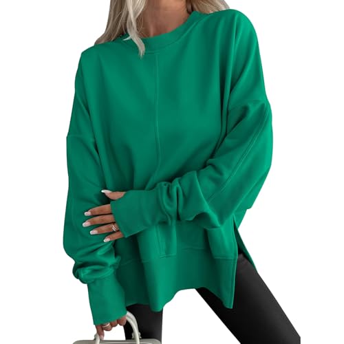 Women Oversized Sweatshirts Thumb Hole Long Sleeve Sweatshirts Lightweight Side Split Casual Pullover Tops Y2K Outfits Green