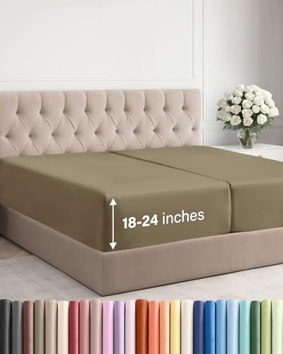 Image of Extra Deep Split King Fitted Sheet - Single Fitted Sheet Only - Khaki | Easily Fits 18 inch to 24 inch Mattress, Soft, Wrinkle Free, Breathable & Comfy, Extra Deep Pockets Hotel Luxury Fitted Sheet