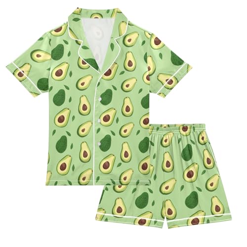 Green Avocado with Leaves Prints Summer Satin Pajama Set, Cute Button-Down Sleepwear Pj Set for Sleep Wears