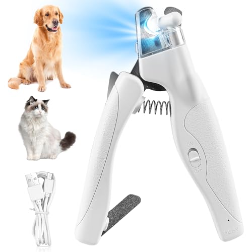 GOMETY Profi LED Hunde & Katzen Nagelknipser: Ergonomischer Griff, Sicherheitsverriegelung, für Mittlere & Kleine Haustiere (Transparent/Silber)