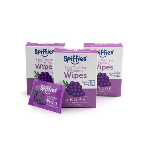 Image of Spiffies Baby Oral Care Tooth Wipes - Gum & Teeth Wipe Tissues for Teething Relief & Cleaning Infant & Toddler Teeth - Baby Tooth Wipes w/Xylitol for Ages 0-12 Months & Up (Grape, 20 Count, 3 Pack)