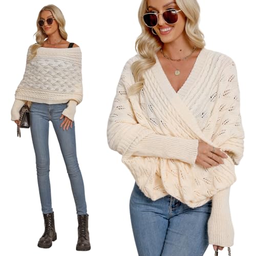 Womens Wrap Knitted Shawls Front Sweater Knitted Wrap Long Sleeved Shawl Sweater Shrug Wrap for Fall Winter, Cream White