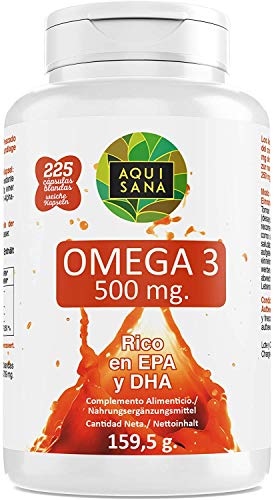 Omega 3 Cpsulas | Complemento alimenticio de Aceite de Pescado | Rico en EPA y DHA Para Mejorar la Absorcin del Organismo | 225 Cpsulas - Aquisana