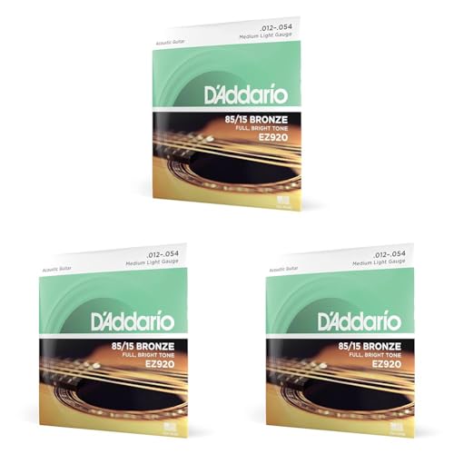 D'Addario Cordes Guitare Acoustique | Corde Guitare Folk | EZ920 | Cordes en bronze pour guitare acoustique | Bronze 85/15 | Moyen/Léger 12-54 (Lot de 3)