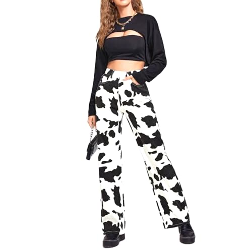 Women Cow Print High Waist Wide Leg Jeans Pants Casual Fashion Y2k Cute Lounge Denim Trousers with Pockets2