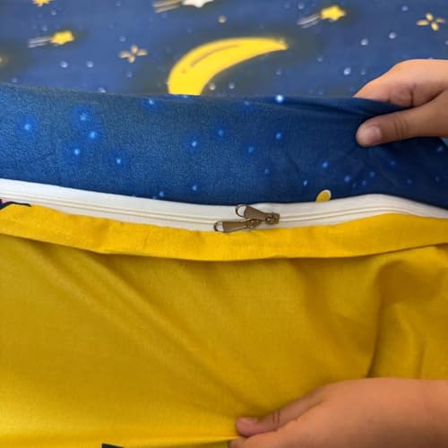 Image of Famyo King Size Bedsheet Set with 2 Pillow Covers, 250 TC Fitted Bedsheet & Comforter Cover (4pc Set) - Home Decor, 72x78 inches Kids Bed Sheet, Cute Moon & Stars Design - Blue, Yellow | 4-Piece Set, 250 TC Fitted Bedsheet, Comforter Cover & 2 Pillow Covers, 72 x 78 in, Blue & Yellow Kids Bedding