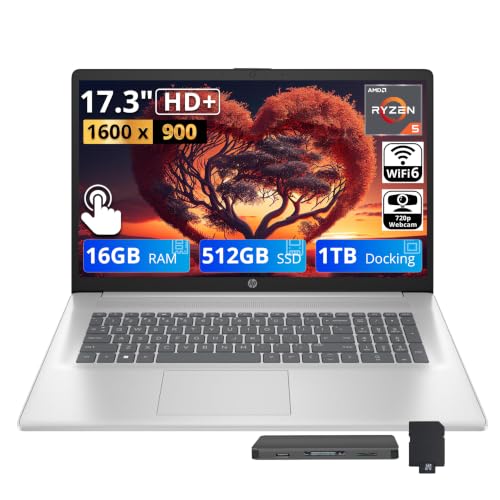 Image of HP 17.3 inch HD+ Touchscreen Business Laptop, AMD Ryzen 5 7430U, 16GB RAM, 1.5TB Storage (512GB SSD+1TB Docking Station Set), AMD Radeon Graphics, Numeric Keypad, Wi-Fi 6, HD Webcam, Win 11, Silver