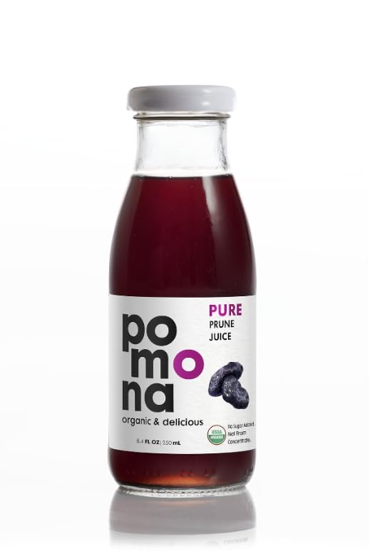 Image of Pomona Organic Juices Pure Prune Juice, 8.4 Ounce Bottle (Pack of 12), Cold Pressed Organic Juice, Non-GMO, No Sugar Added, Not from Concentrate, Gluten Free, Kosher Certified, Preservative Free
