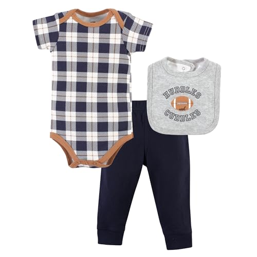 Hudson Baby Unisex Baby Cotton Bodysuit, Pant and Bib Set, Football Huddles, Newborn