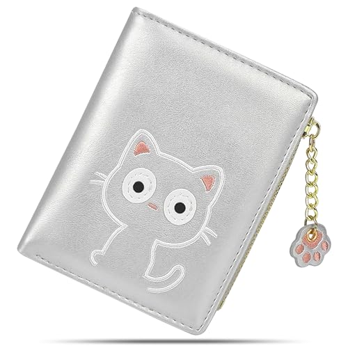 CONISY Cute Bifold Small RFID Wallet for Women,Suitable Teen Girls Ladies (Cat Silver)