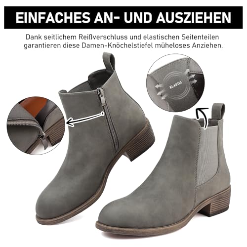 Maxome Stiefeletten Damen Knöchelstiefel Mit Reißverschluss Wasserdichte Leder Stiefeletten Stylische Chelsea Boots Mit Niedrigem Absatz Spitze Zehen Freizeitschuhe Herbst Winter Damenstiefel Grau