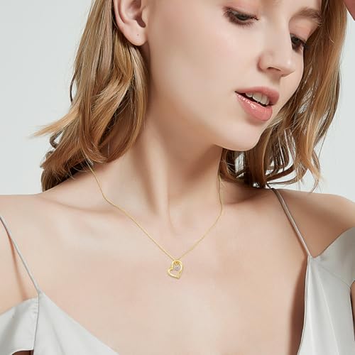 14k Solid Gold Heart Necklace for Women, Solid Gold Chain and 0.1 Carat Lab-Grown Diamonds Yellow Gold Pendant Necklaces for Her, Anniversary Jewelry Present for Wife, Gifts for Mother,16"+1"+1"2