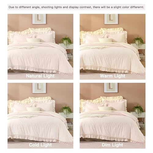 Image of Litanika Light Pink King Size Comforter Set, 3 Pieces Ruffle Farmhouse Aesthetic Bedding Comforter Set, All Season Soft Lightweight Fluffy Microfiber Bed Set(104x90In Comforter, 2 Pillowcases)