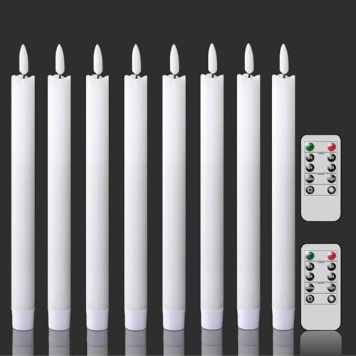 Image of Taper Flickering Flameless Candles Battery Operated, Real Wax LED Flameless Candlesticks with Remote Timer, 8 PCS White Long Battery Candles for Table Centerpieces Decor(9.64 x 0.78 Inch)