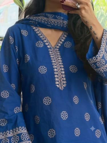 Image of krisjan Women's Pure Cotton Printed with Handwork Kurta with Farsi Pants and Dupatta Set | Ethnic Set | Suit Set | Kurta Set | Wedding Suit Set |