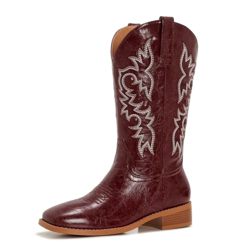 Image of Cowgirl Boots Square Toe Cowboy Boots For Women Ladies Mid Calf Low Heel Flat