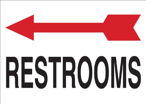 Panneau autocollant Restrooms Brady flèche gauche 25,4 x 35,6 cm en polyester résistant