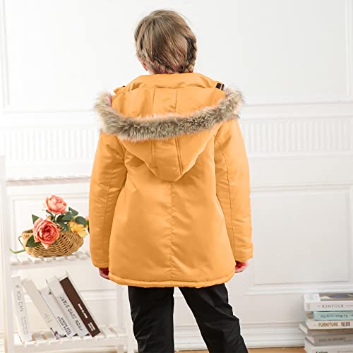 Kids Girls Floral Print Winter Coat Cotton Parka Hooded Snowsuit Warm Zip Up Windproof Puffer Jacket Outerwear (Orange, 11-12 Years)3