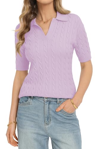 Image of QUALFORT Cable Knit Women's Short Sleeve Sweater Soft V Neck Polo Tops