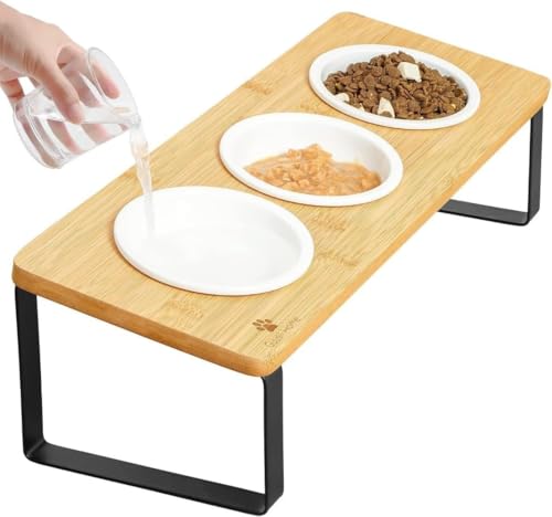 KOKUMON 猫食器 ネコボウル ねこエサ入れ 食器スタント スタンド ねこ給食 ペット ボウル フード用 スタンド 竹製 ねこ ご飯台 ねこお皿