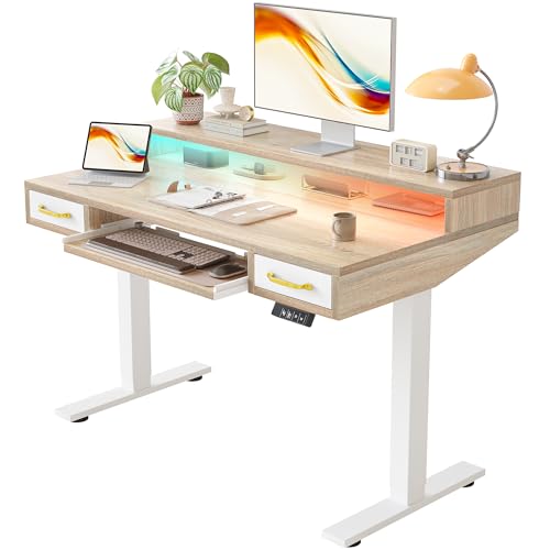 Image of TIQLAB Standing Desk with Two Drawers, Stand Up Standing Desk Adjustable Height, Electric Sit Stand Table with Storage Shelf and Splice Board, with LED Light, 47 * 28 inch, Maple