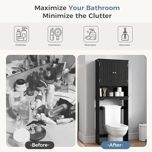 DUMOS Over the Toilet Storage Cabinet, Bathroom Storage Cabinet Over Toilets with Double Doors and Adjustable Shelf, Freestanding Toilet Rack for Bathroom, Black — view 6